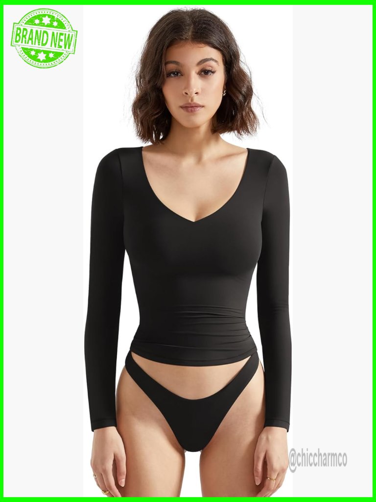 Double Lined V-Neck Crop Tank Top Long Sleeve Stretchy Lounge Wear